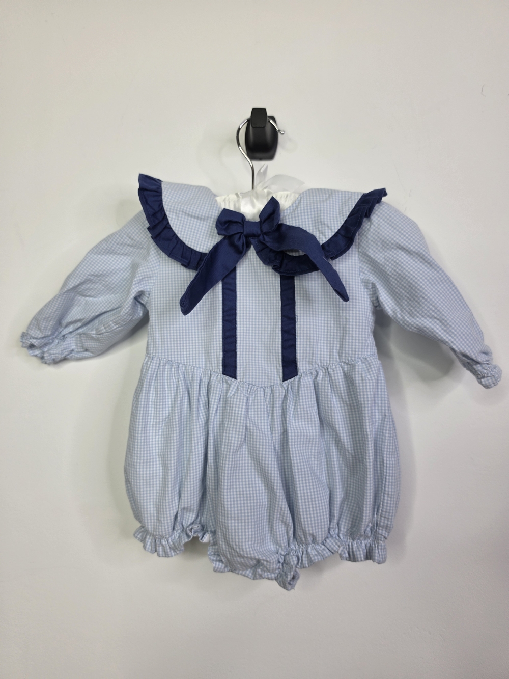 Classic Blue Gingham Baby One-Piece with Navy Bow, 6M